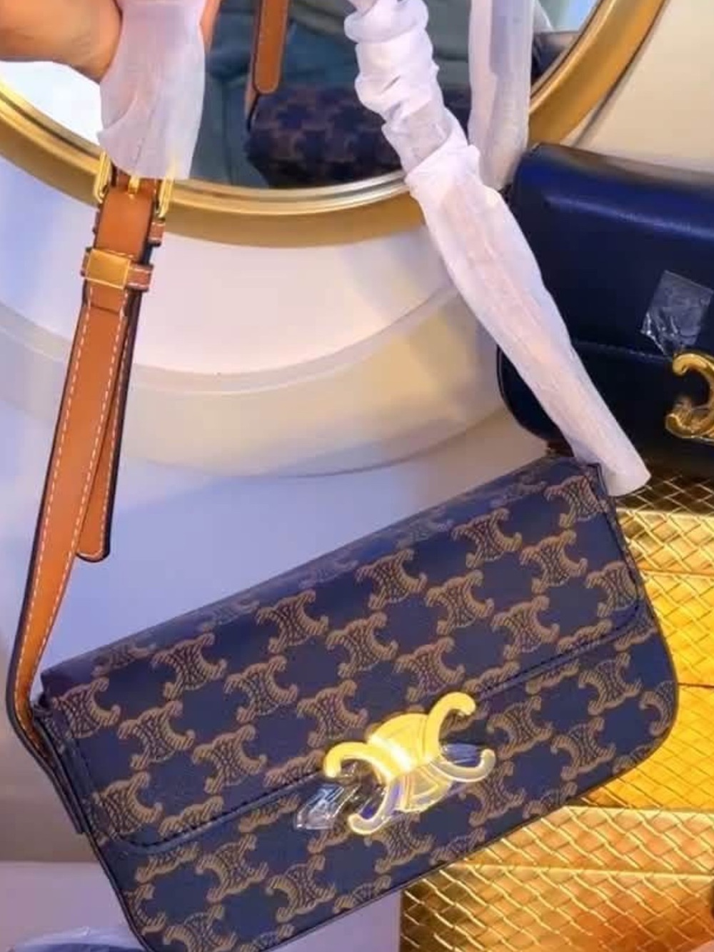 Navy Patterned Crossbody Bag with Gold Accent